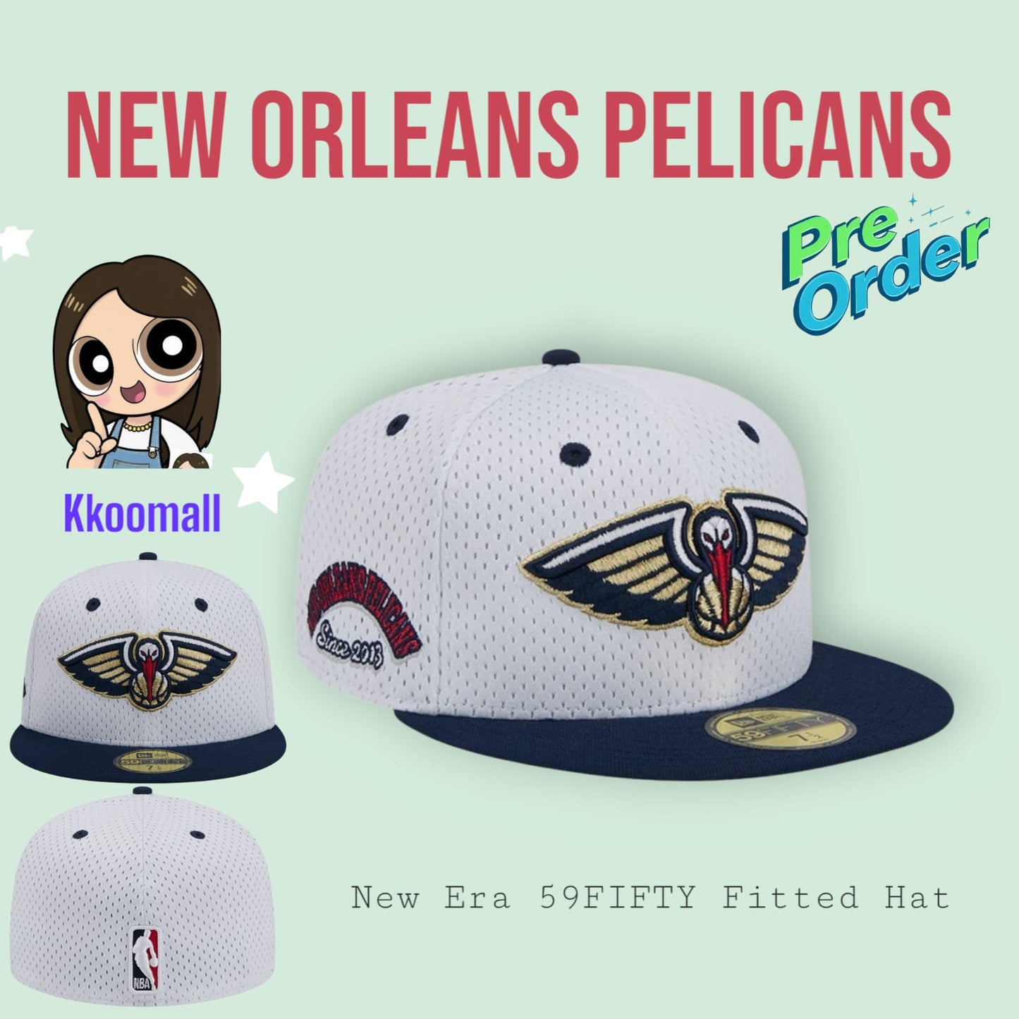 Pre order - NBA New Orleans Pelicans New Era Throwback 2Tone 59FIFTY Fitted Hat - White/Navy